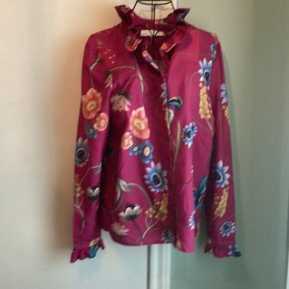 Borgo De Nor Floral blouse with ruffle collar Fuchsia size 8 - Picture 10 of 15